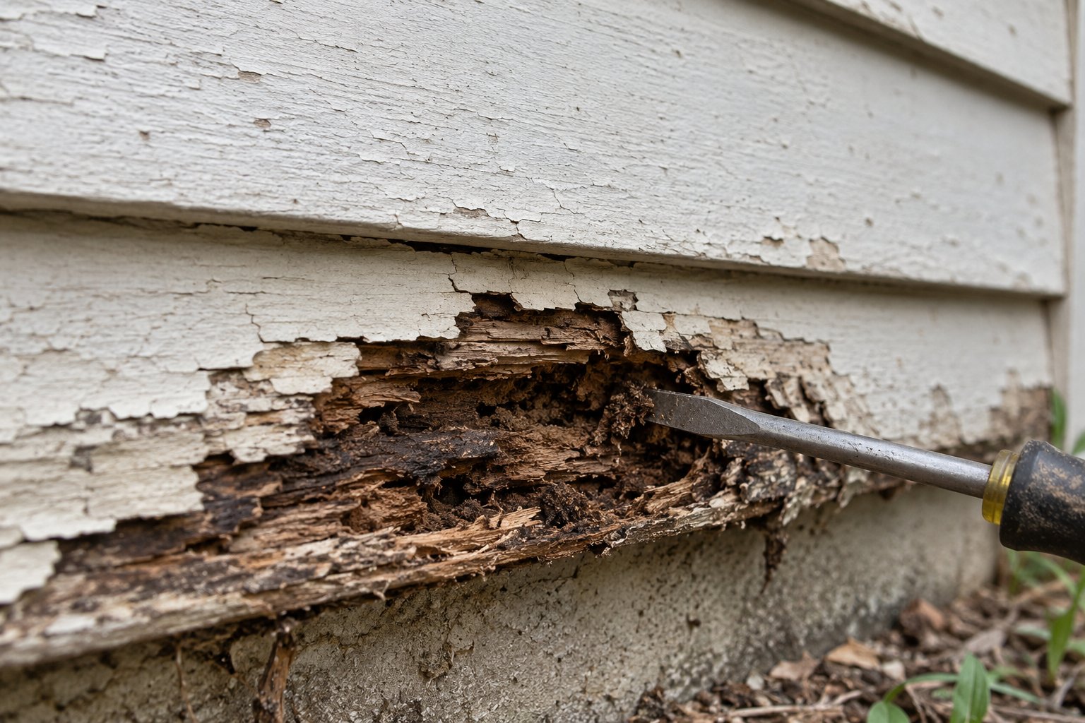 Rotted weatherboard at the base of a wall with a screwdriver sinking into the soft, crumbling timber above flaking paint